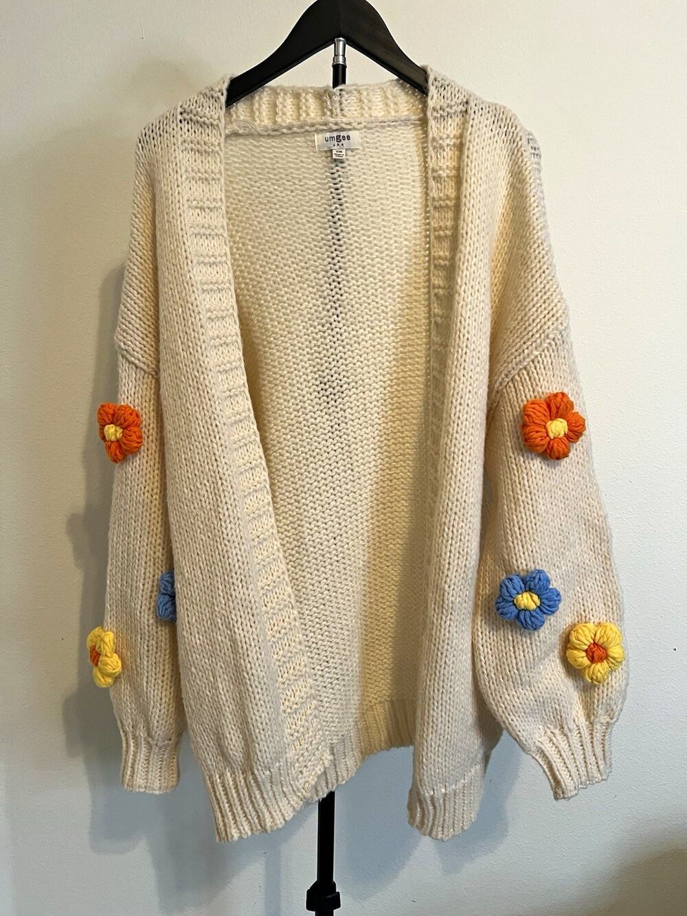 Umgee Women’s Ivory Open Front Knit Cardigan Floral Embroidered Long Sleeve S/M